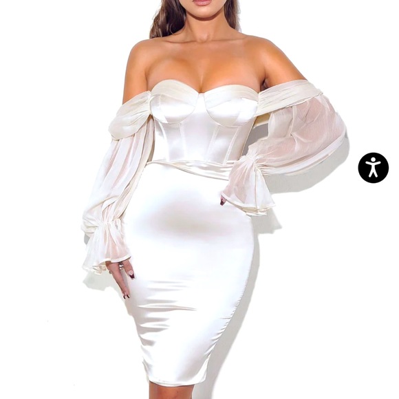 Miss Circle | Lydia Pearl White Satin Off Shoulder Puff Sleeve Dress - Picture 1 of 6